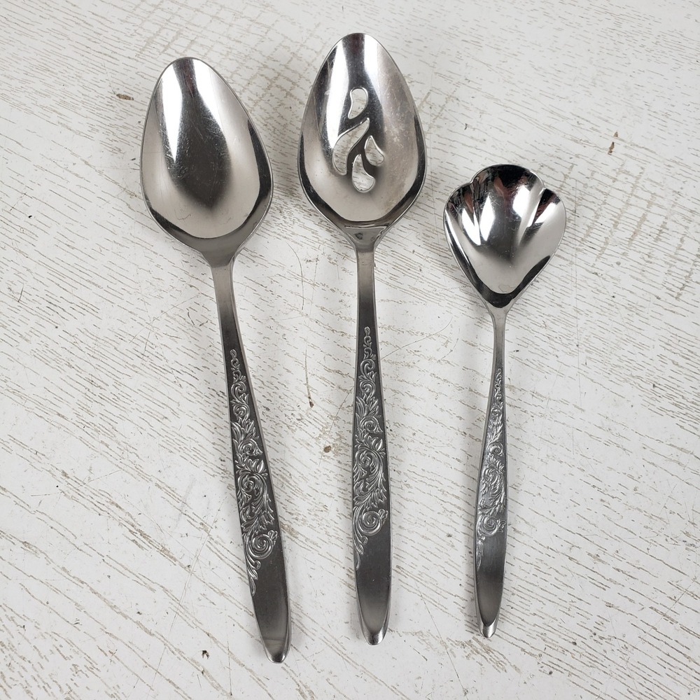 EKCO Eterna Meditation Stainless Serving Set 3pc Slotted Shell Sugar Spoon Japan